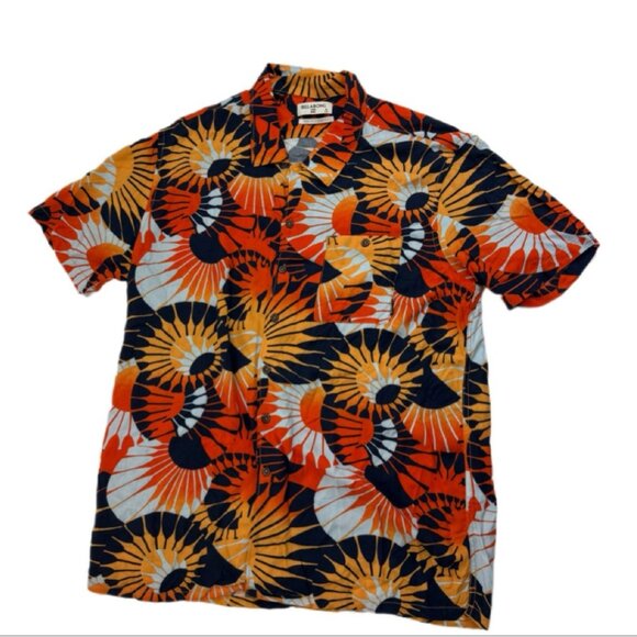 Billabong Core Fit Mens M Orange Blue Hawaiian Aloha Shirt Sun Pattern - Picture 1 of 5